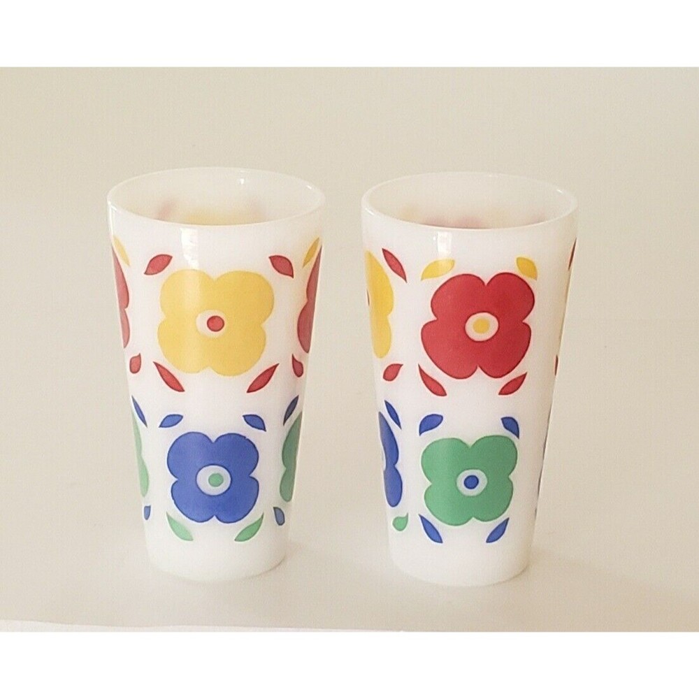 2 HTF Vintage Hazel Atlas Flowers Milk Glass Tumblers Floral Drinking Glasses